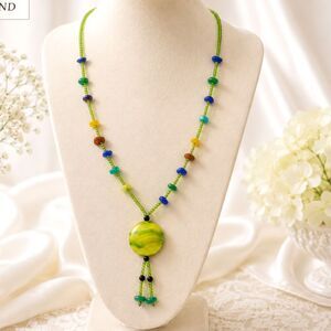 Stone and Green Seed Bead Tassel Necklace